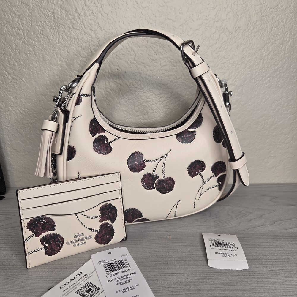 Coach Cream Bag And Card Wallet with Cherry Embelishment. NWT